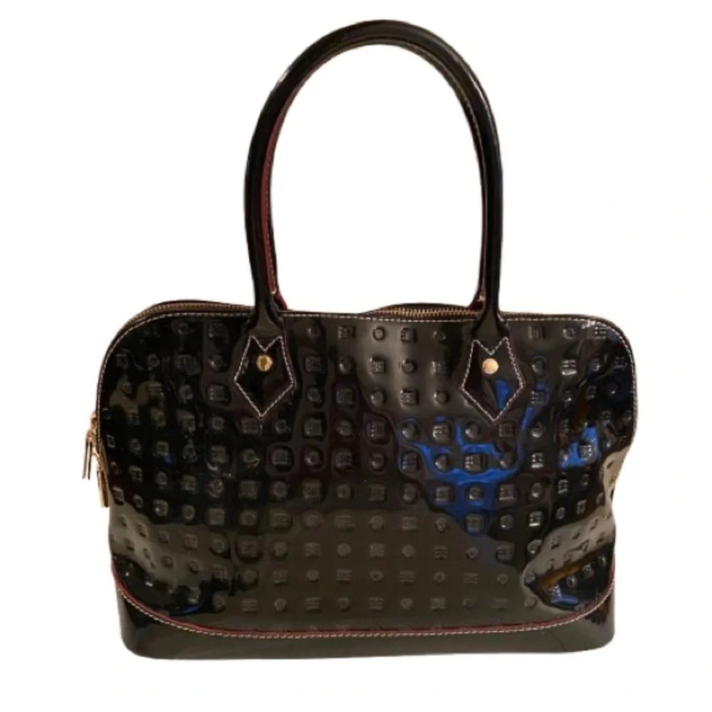 Arcadia Women’s Black Patent Leather Dome Handbag Zip Closure Made in Italy EUC